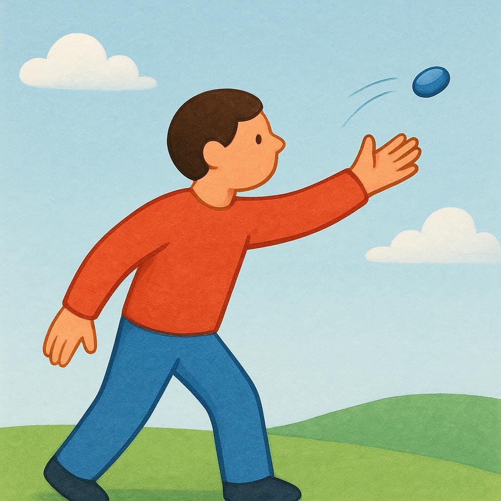 A figure is captured in the motion of throwing a small object, showing the physical act of tossing.