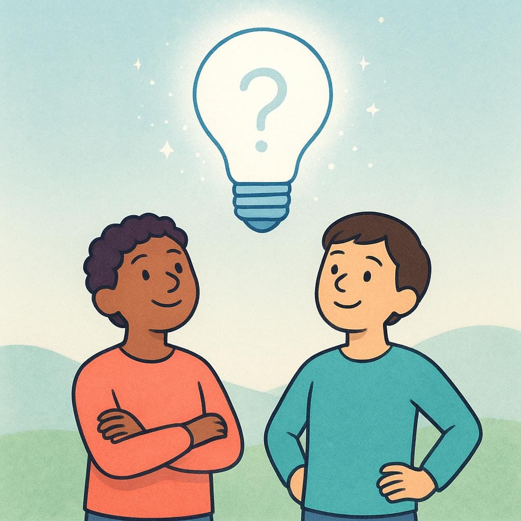 Duas figuras simples e amigáveis estão lado a lado, olhando com confiança para uma lâmpada grande e brilhante que acabou de se acender, simbolizando a certeza do conhecimento ou descoberta futura.