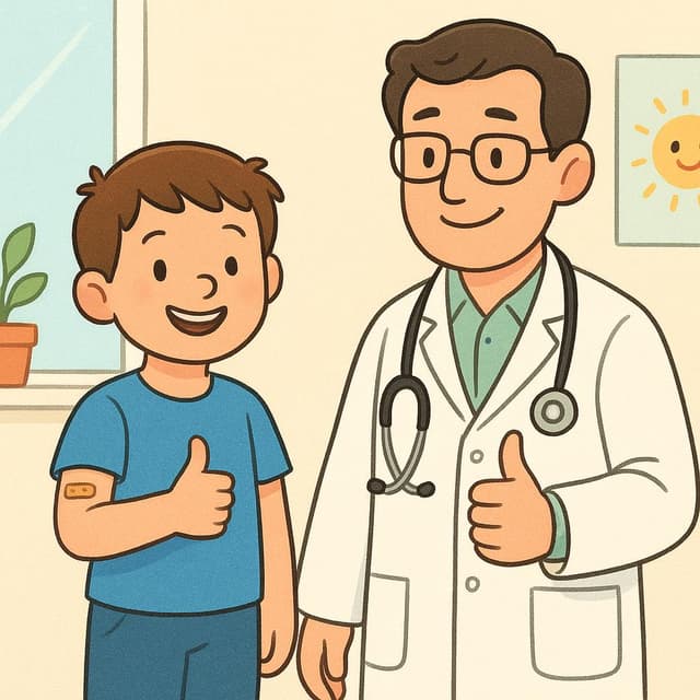 A storybook illustration of a happy child giving a thumbs up while standing next to a smiling doctor, symbolizing a cure for an illness.