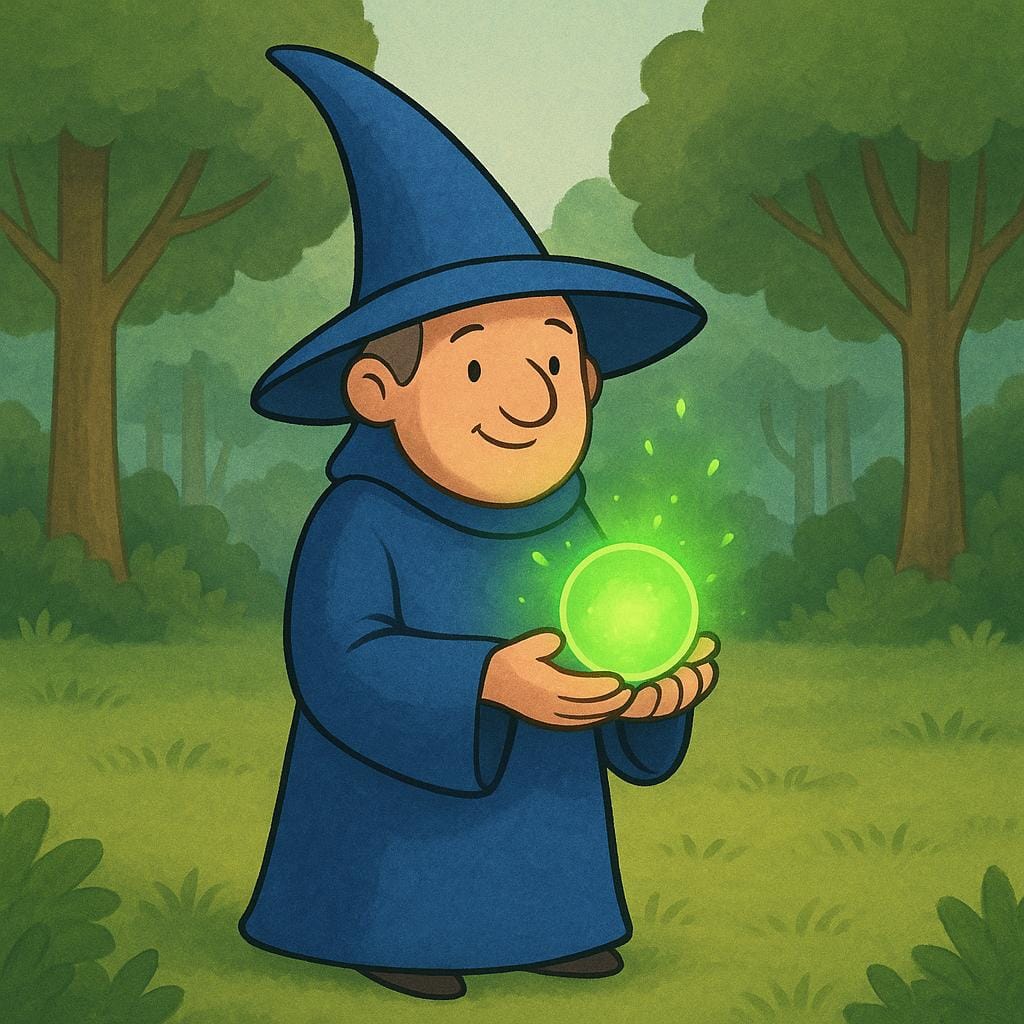 A storybook illustration of a wizard in a blue hat and robes, standing in a forest clearing, holding a glowing green orb that emits bright sparks.
