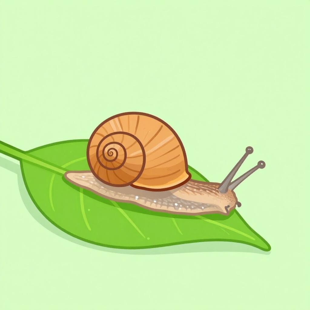 Um caracol rastejando lentamente sobre uma grande folha verde.