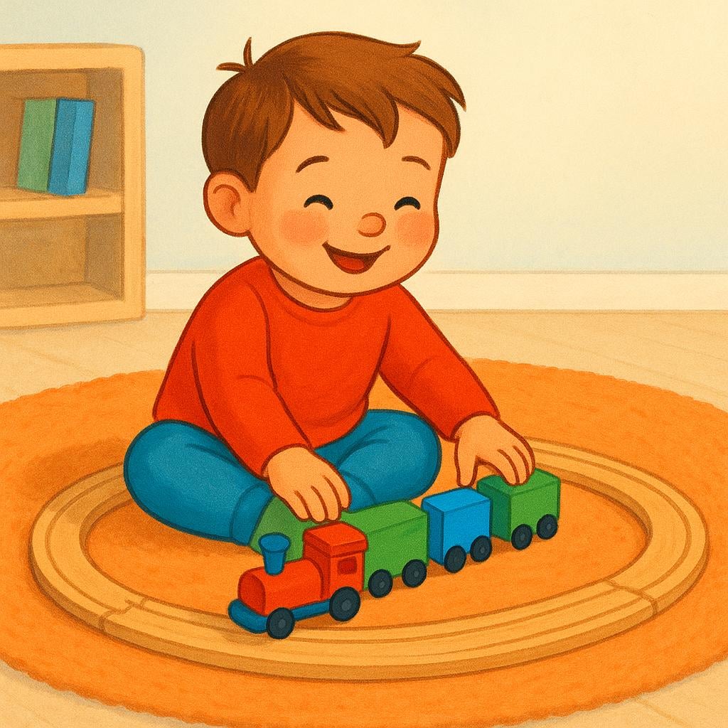 A colorful storybook illustration of a young child joyfully playing with a toy train on the floor, representing a past state or identity.