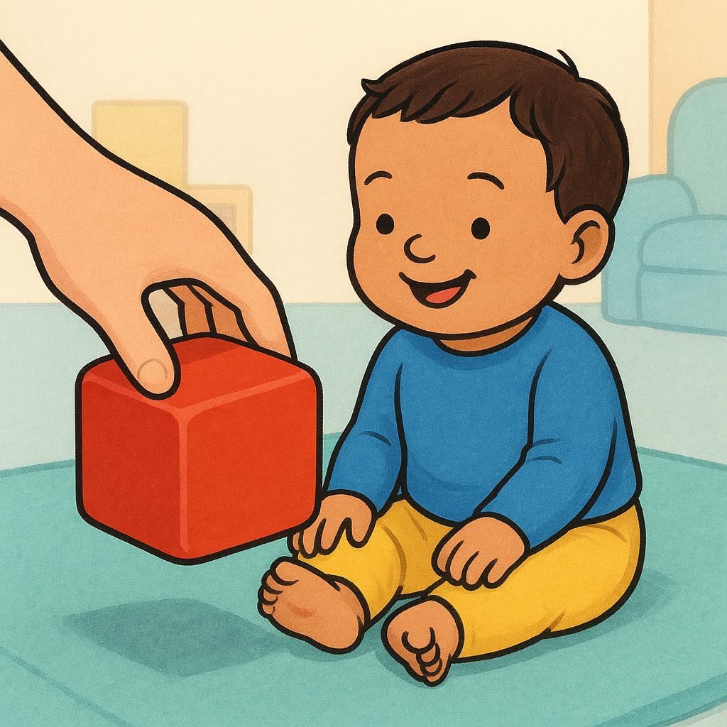 A person's hand placing a single red toy block onto a small rug directly in front of a smiling child who is waiting to play.