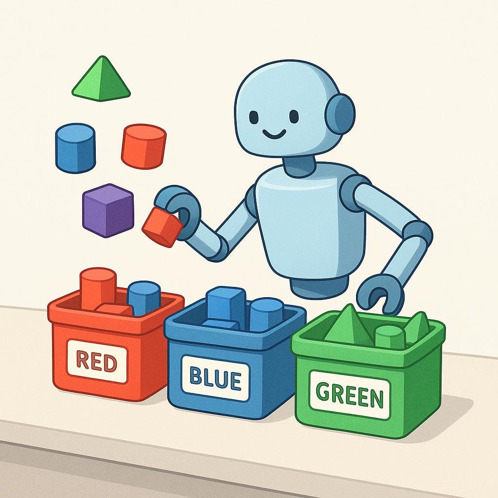 A simplified, friendly-looking robotic arm efficiently sorting colorful blocks into designated containers on a clean workbench.