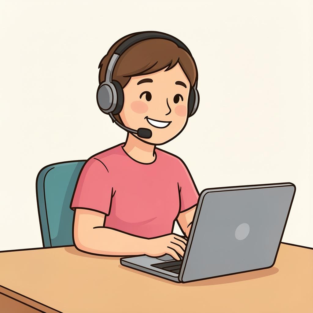 A friendly person wearing a headset and smiling, sitting at a desk.