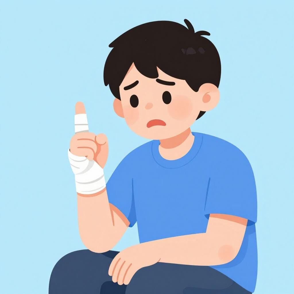 An illustration of a person holding their bandaged finger with a pained facial expression, mouth slightly open as if making a sound.