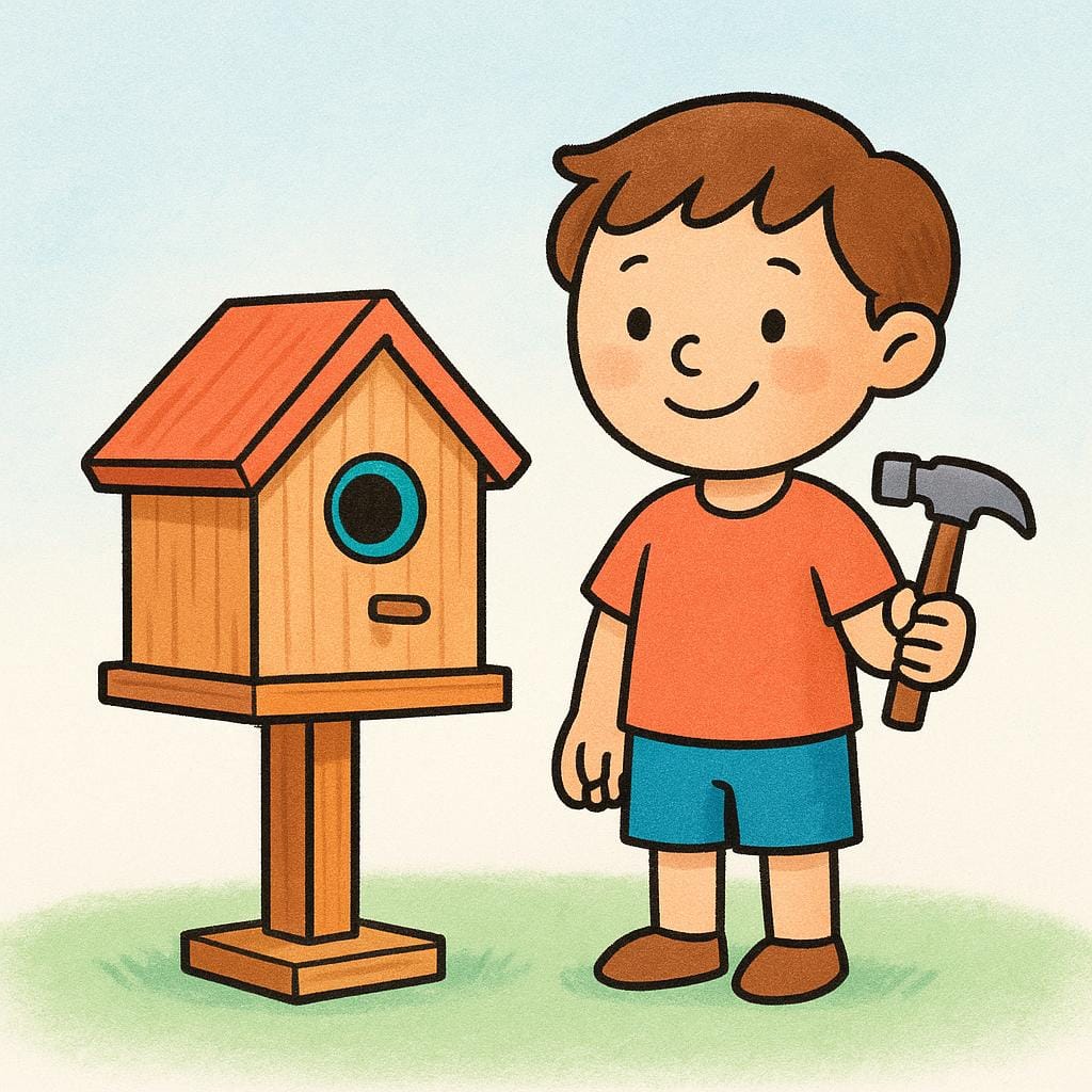 木製の鳥の巣箱の隣に立っている、明るい色で完璧に仕上げられた小さな台座の上の鳥の巣箱の隣に立っている、笑顔の若い人物が、未使用のハンマーを一つ持っている絵本風のイラスト。