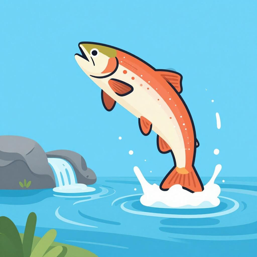 Um salmão laranja brilhante a saltar para cima contra uma cascata azul a correr.