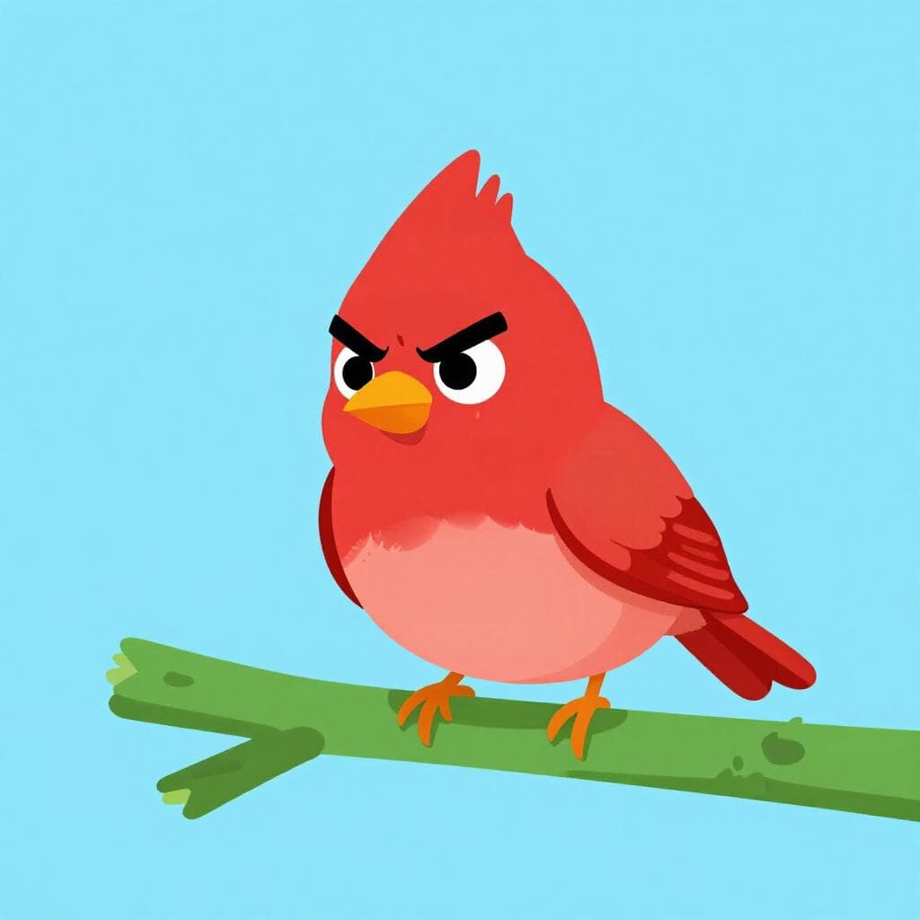 Um pequeno pássaro vermelho com penas infladas e um olhar afiado, em uma postura defensiva e assertiva.