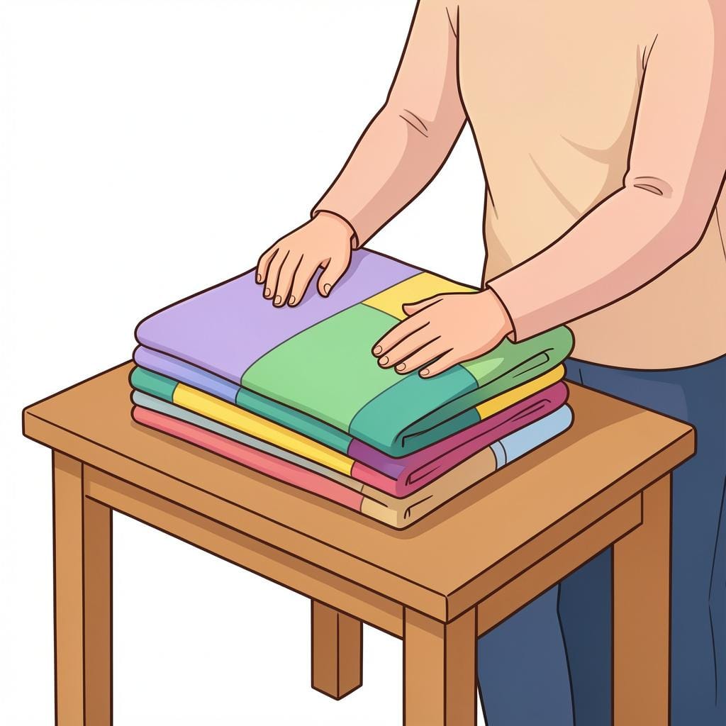 색색의 빨래 더미를 나무 테이블 위에서 깔끔하게 접고 있는 캐릭터.