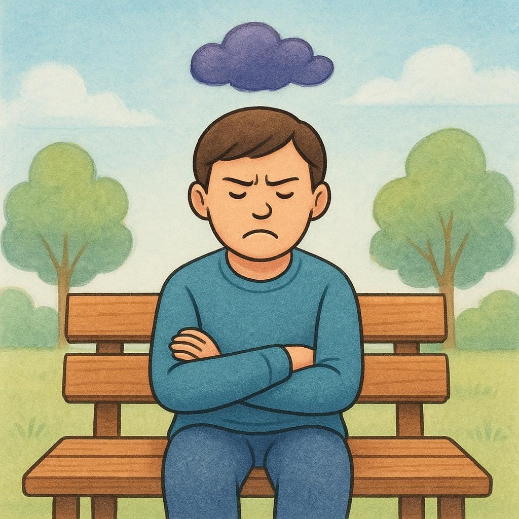 Eine Person sitzt allein auf einer Holzbank, die Arme verschränkt und mit tiefem Stirnrunzeln, was auf innere Frustration hindeutet. Eine kleine, schwache violette Wolke schwebt direkt über ihrem Kopf.