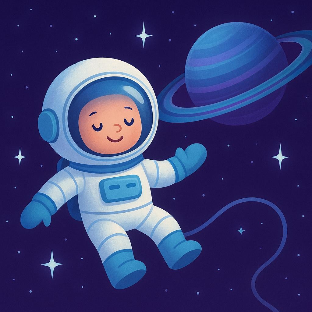 A friendly, cartoon astronaut floating peacefully in the dark purple void of outer space near a large, ringed planet.