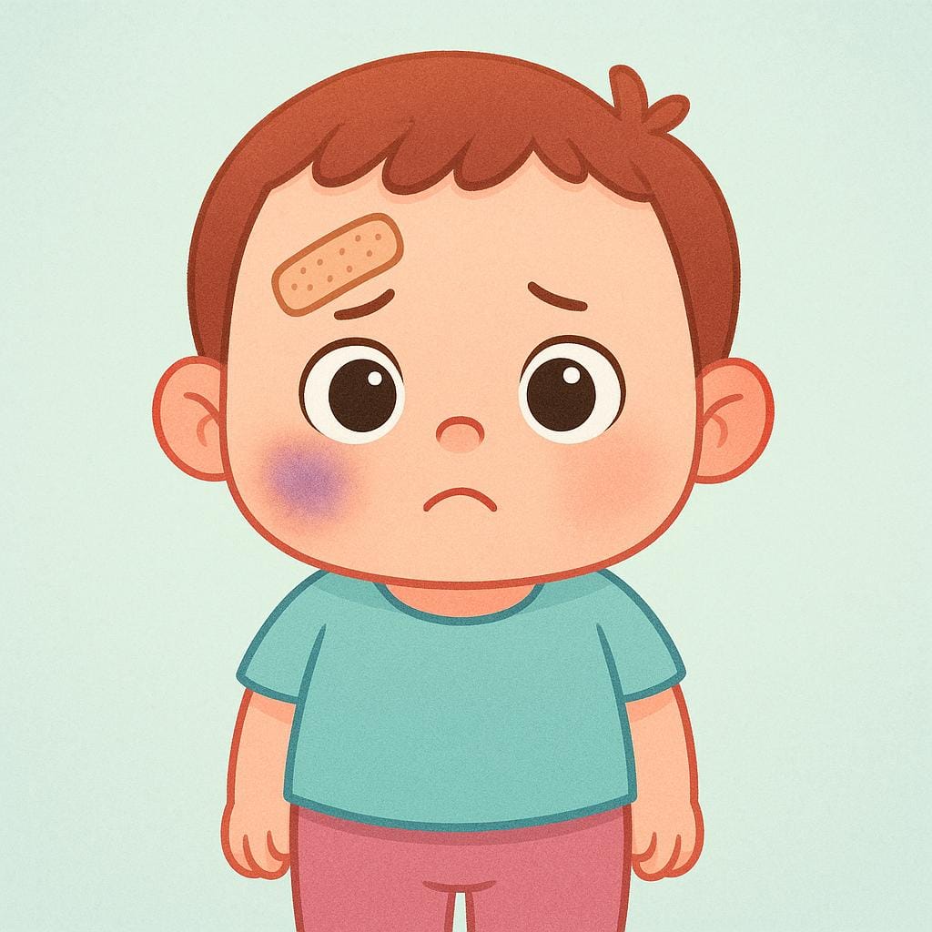 A cartoon character with a large bandage wrapped around its head and a blue bruise on its cheek, depicting injury following a beating.