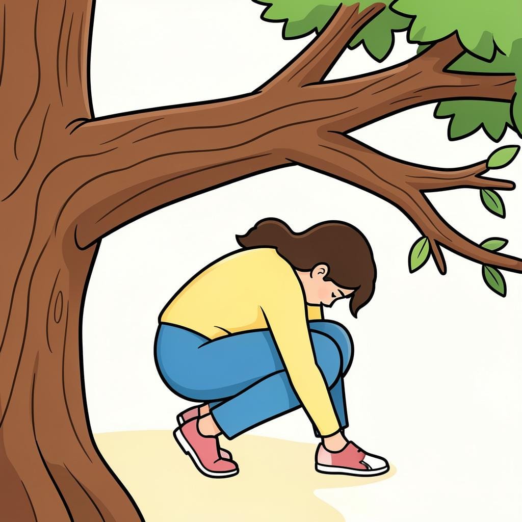 Uma pessoa dobrando os joelhos e abaixando o corpo para evitar um galho de árvore baixo.