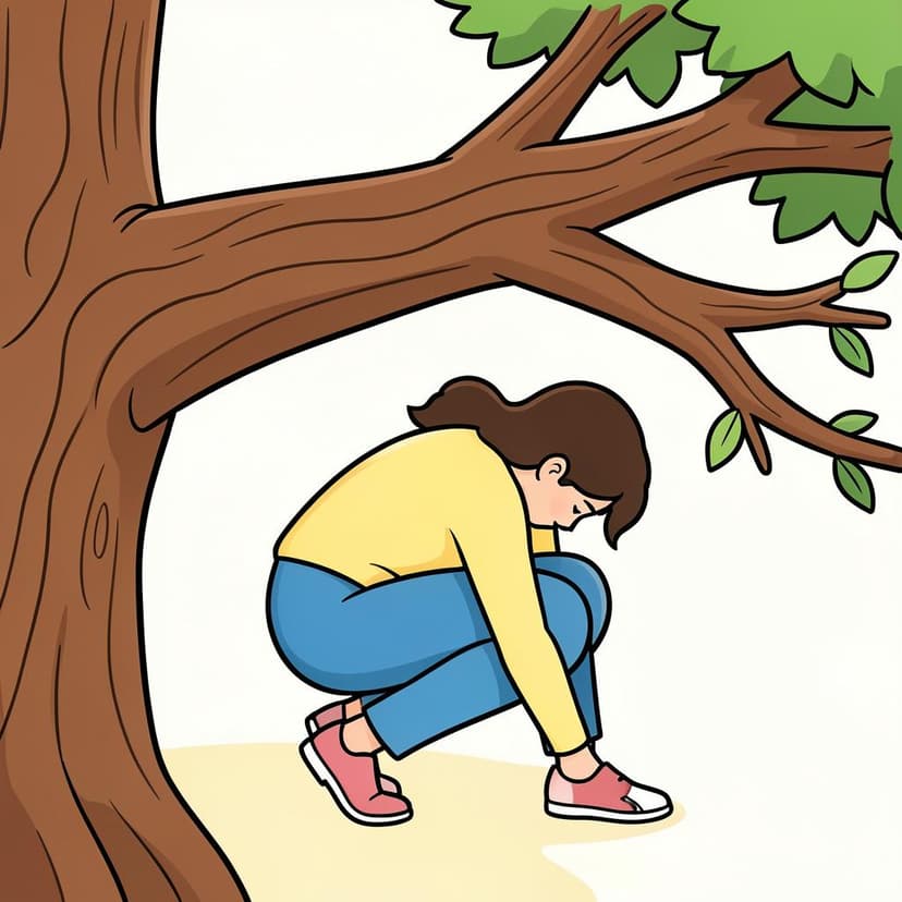 Uma pessoa dobrando os joelhos e abaixando o corpo para evitar um galho de árvore baixo.