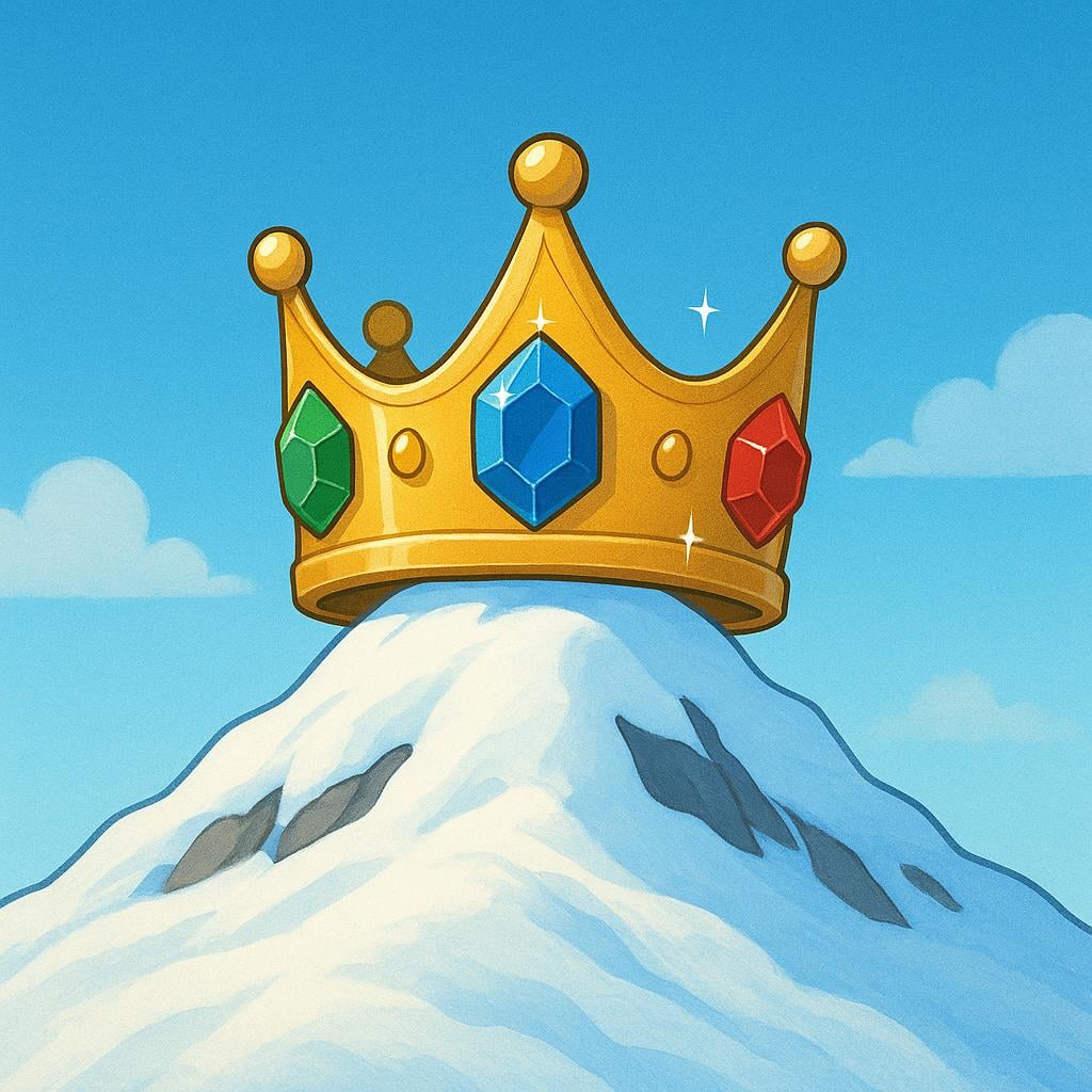 A large, ornate golden crown resting alone on the snowy summit of a very tall, jagged mountain peak, symbolizing the highest rank.