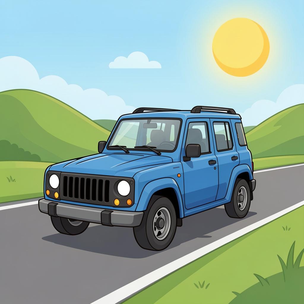 A sturdy blue car driving smoothly on a winding road through a bright, sunny landscape.