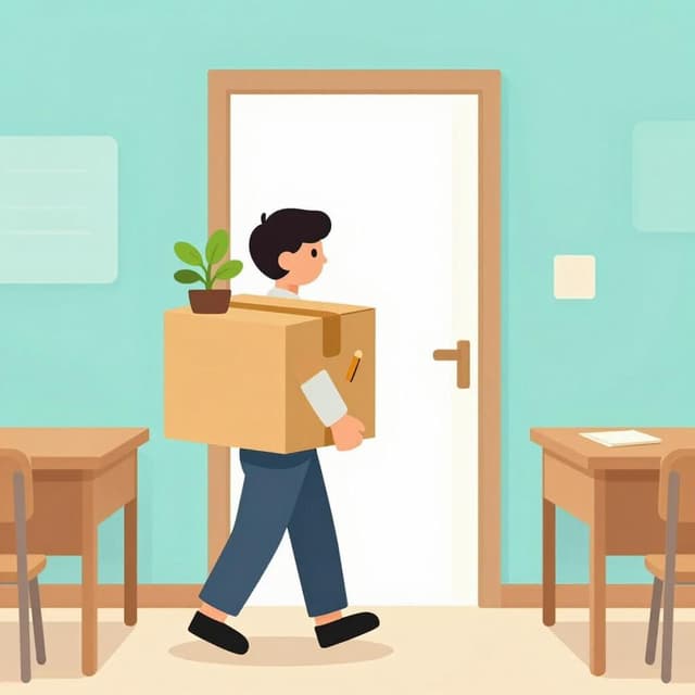 A person carrying a small cardboard box containing a plant and office supplies, walking away from a desk toward an open door.