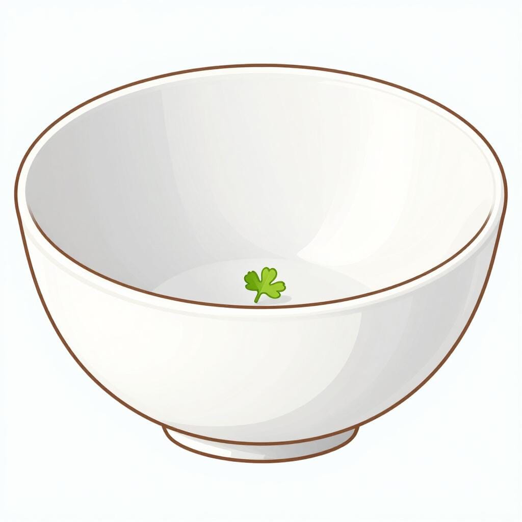 Een enkel, klein groen blaadje onderin een lege witte keramische kom.