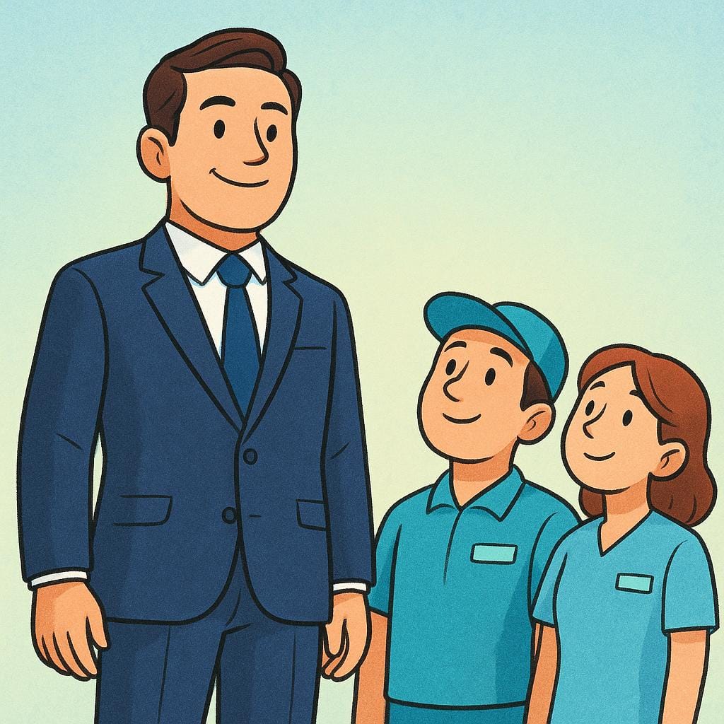 사장에게 지시하는 잘 차려입은 상사와 제복을 입은 두 명의 노동자를 보여주는 동화 삽화.