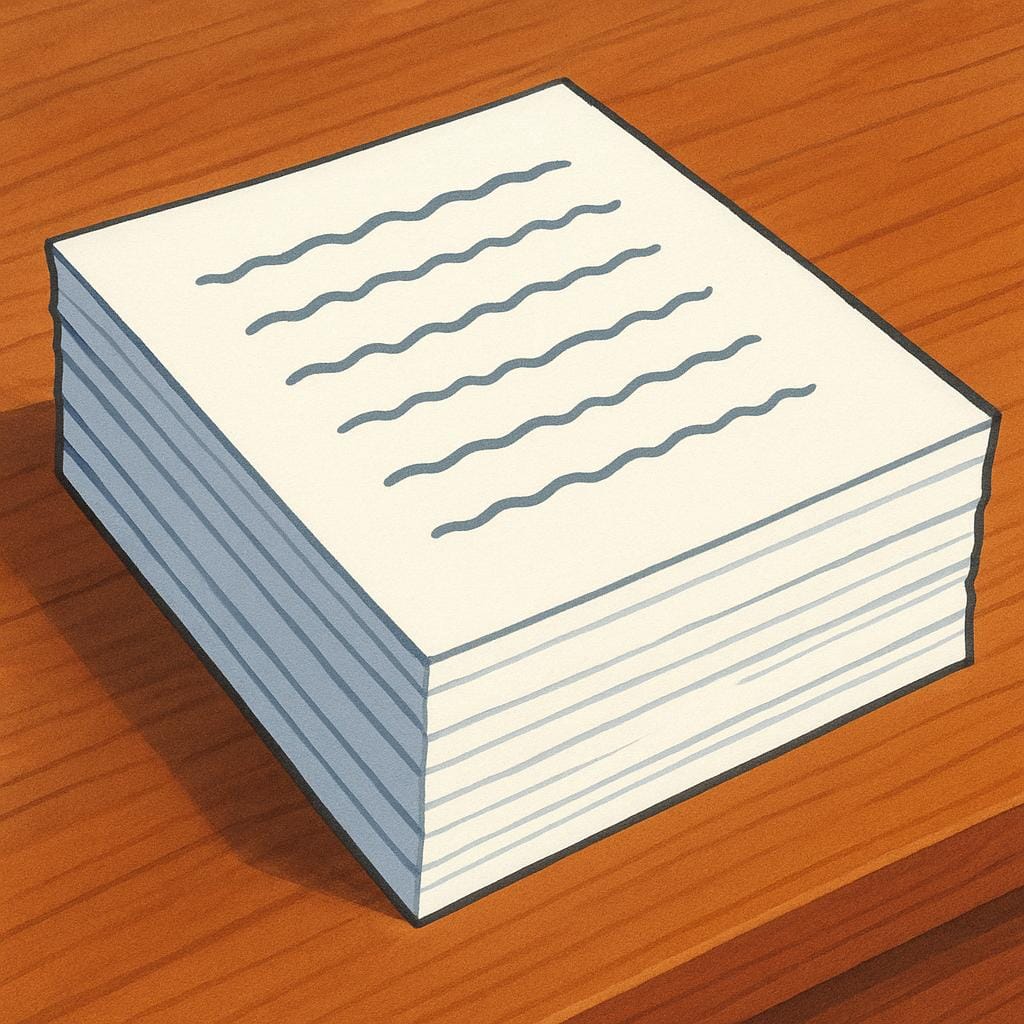 A stack of white papers resting on a desk, with simple horizontal lines drawn on the top sheet to represent unreadable written content.