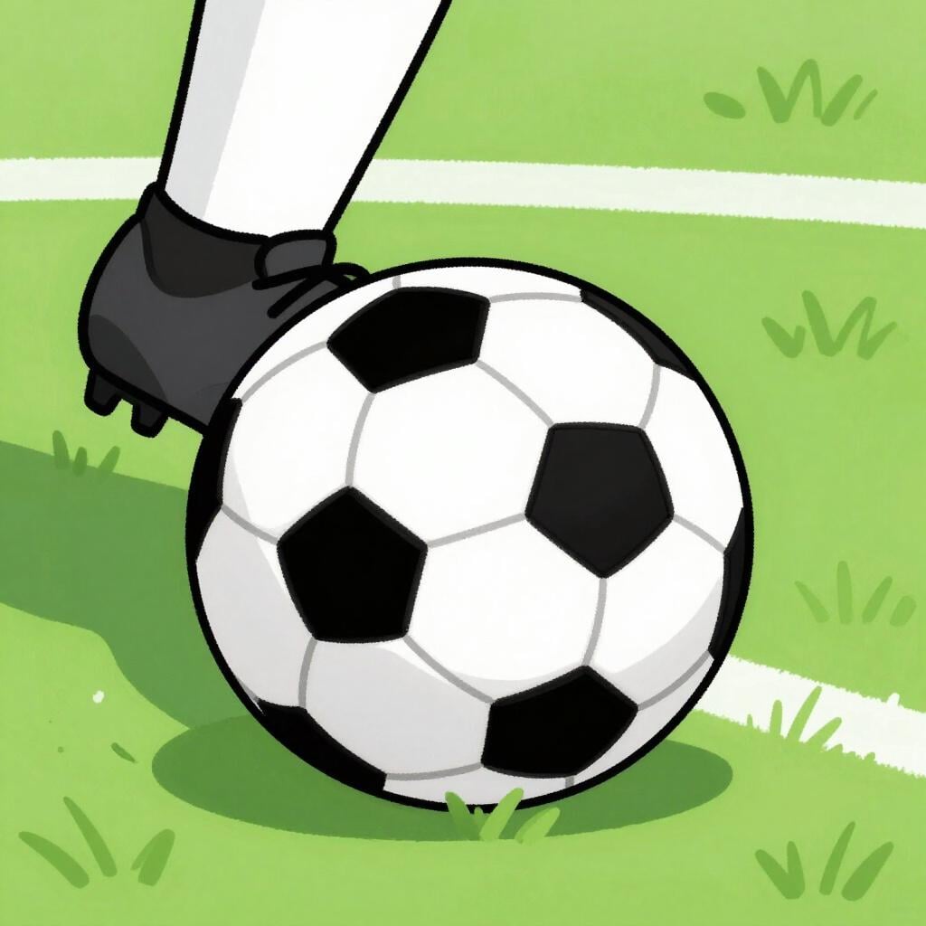 A close-up view of a black and white soccer ball being forcefully kicked by a player wearing a cleated soccer shoe on a vibrant green grass field.