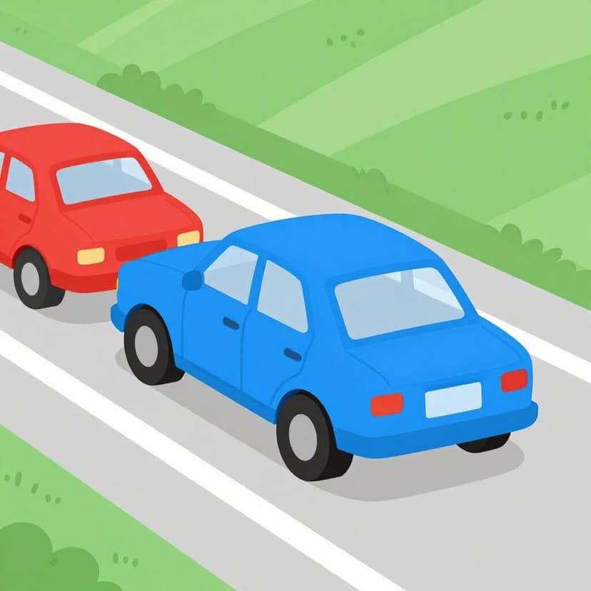 Een blauwe auto die een langzamere rode auto inhaalt op een tweebaansweg.