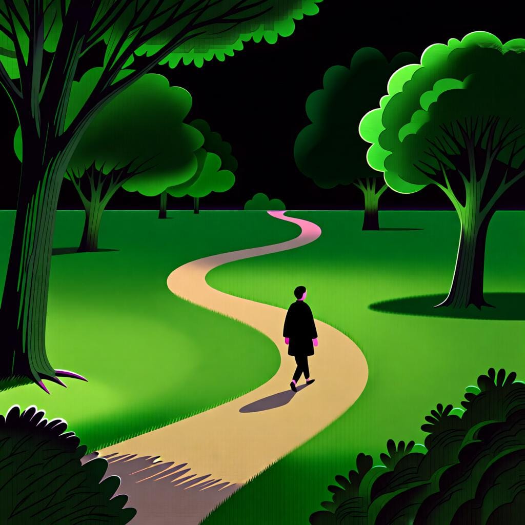 A person walking on a path through a park, illustrating 'por' for movement through a space.