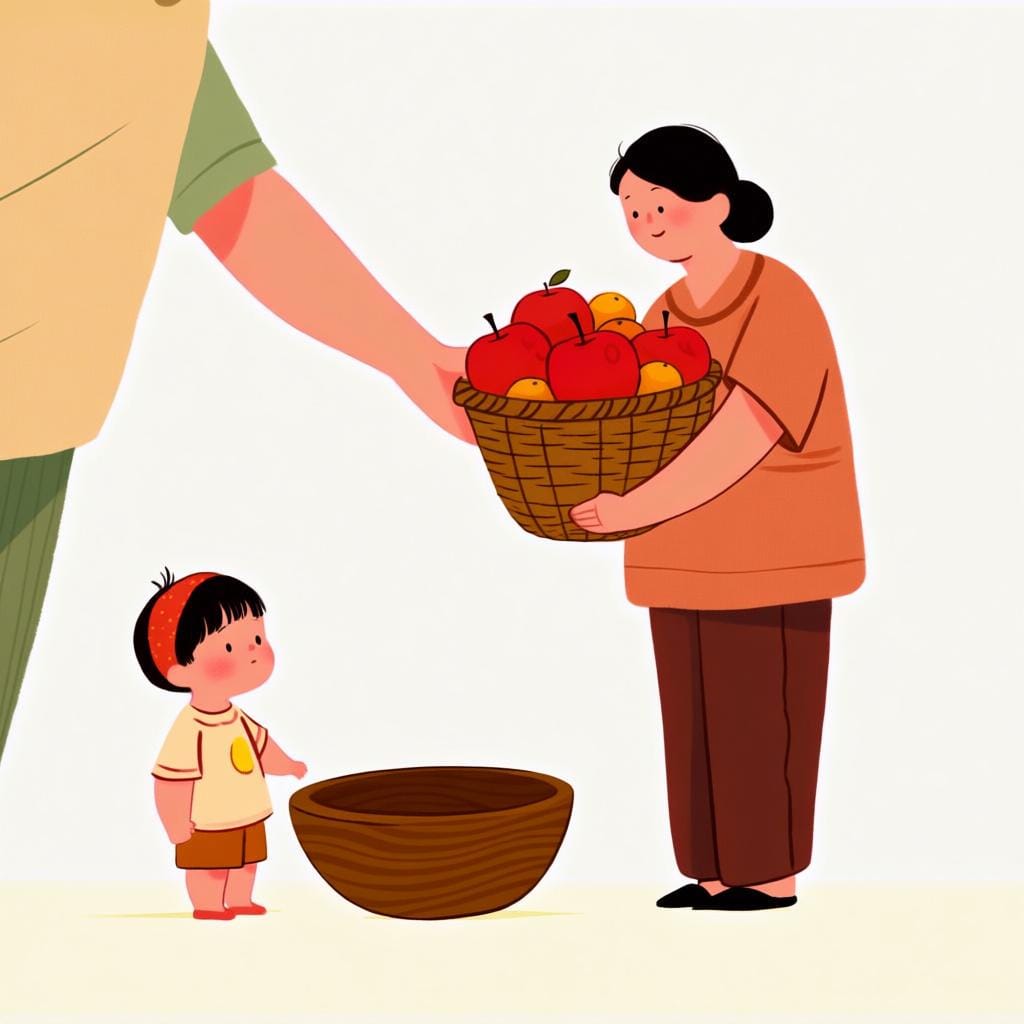 Un jeune enfant se tient à côté d'un bol vide, l'air affamé. Un adulte amical tend un panier débordant de fruits frais à l'enfant.