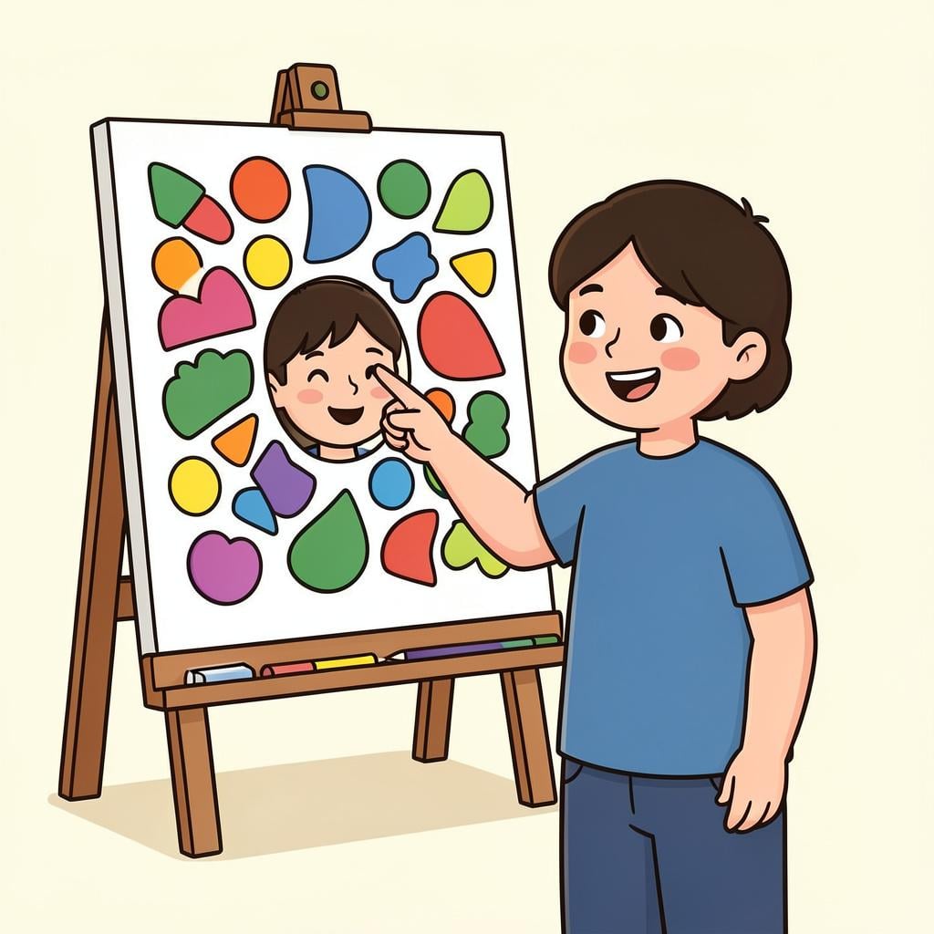 A person looking at an abstract painting and seeing a smiling face within the shapes.