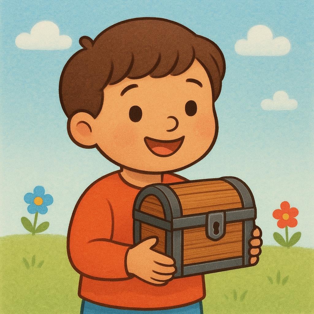 A smiling young person happily holding a small, closed wooden treasure chest that they just received.