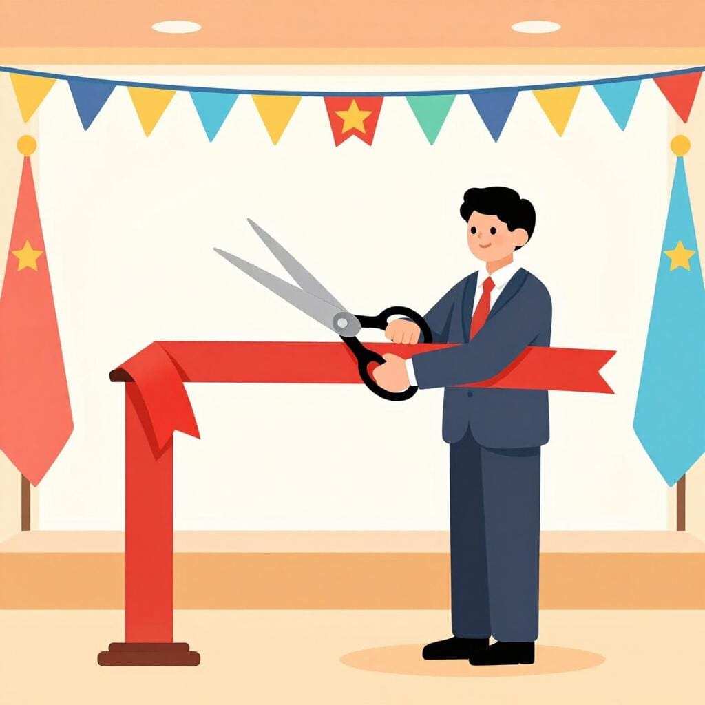 A stage decorated with colorful flags and a large ribbon being cut by a person in a formal suit.