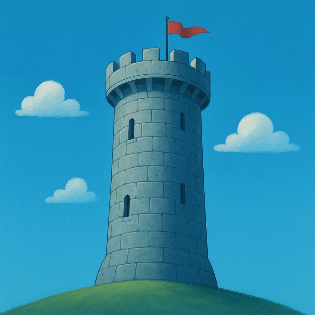 A tall, cylindrical stone tower with battlements at the top, reaching high into a blue sky.
