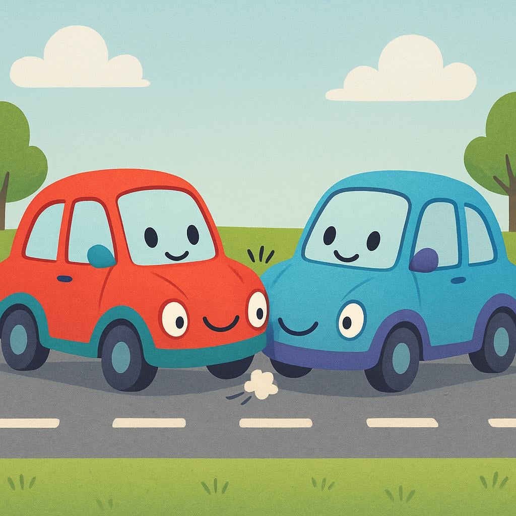 A simple illustration showing the front bumpers of two small, colorful cars slightly touching after a minor impact.