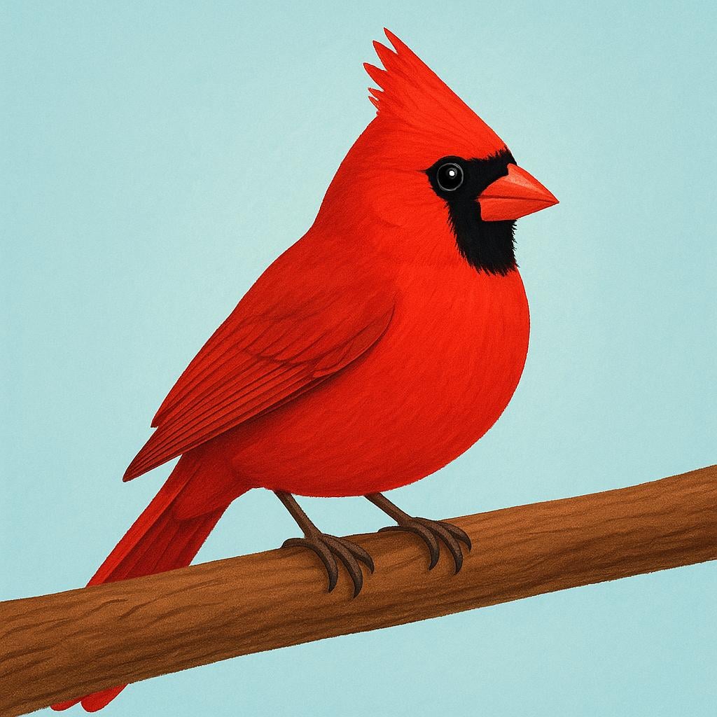 Un oiseau cardinal mâle rouge vif avec une crête distinctive et un masque noir autour de son bec, perché sur une branche d'arbre.