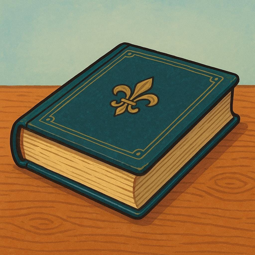 Ein dickes, antikes geschlossenes Buch mit einem schlichten, verzierten Einband, das auf einem Holztisch liegt und ein klassisches literarisches Werk symbolisiert.