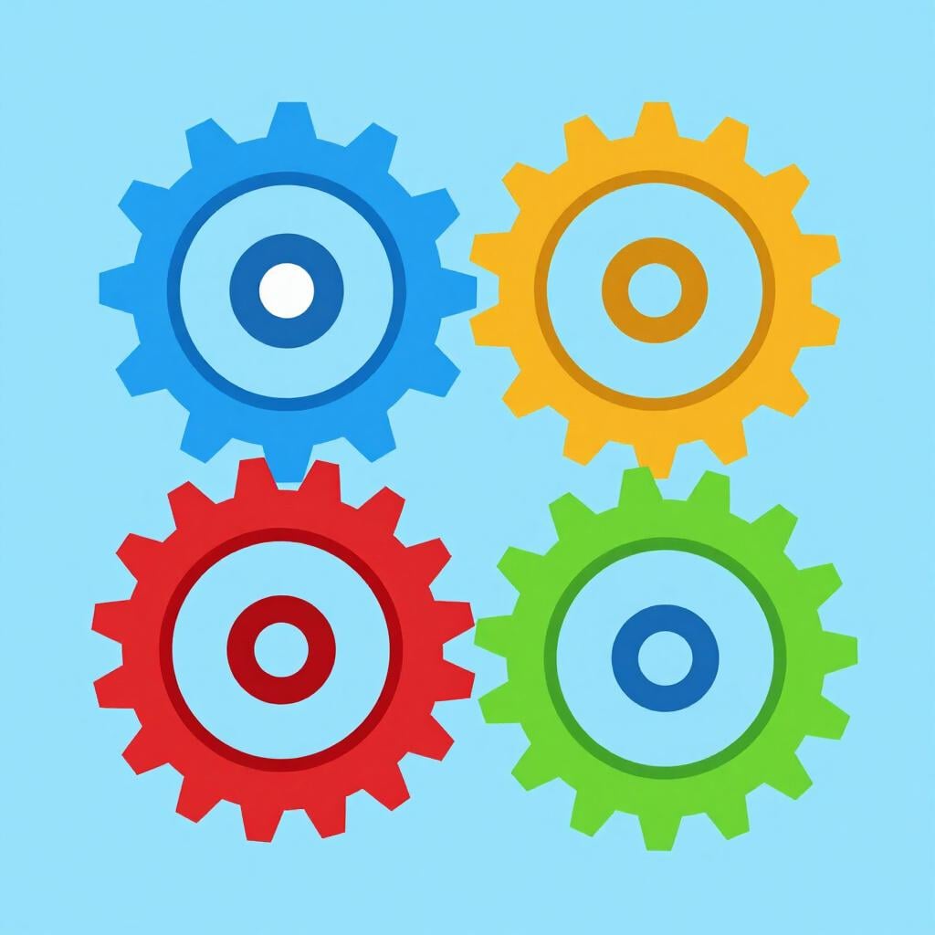 A row of colorful gears and cogs working together on a bright background.
