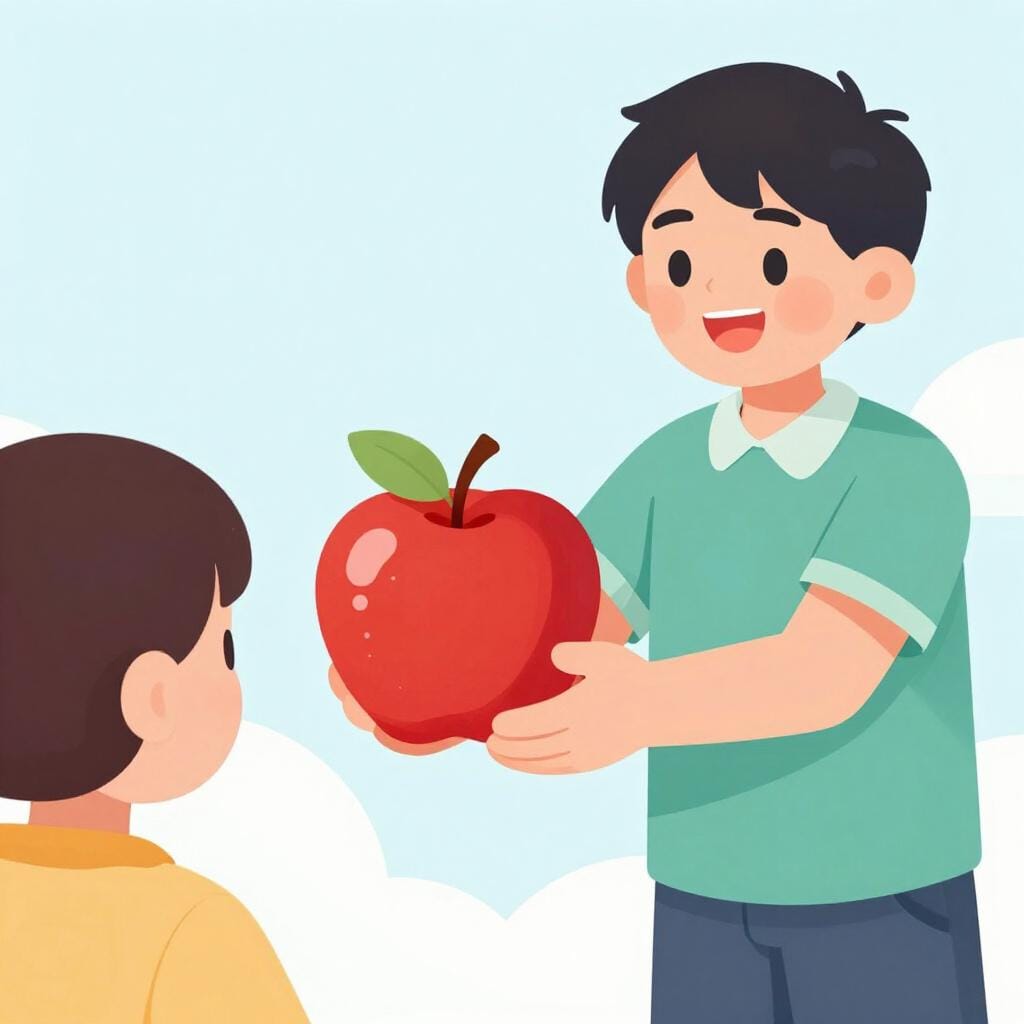 Une personne tend une pomme rouge vif à une autre personne qui attend les mains ouvertes.
