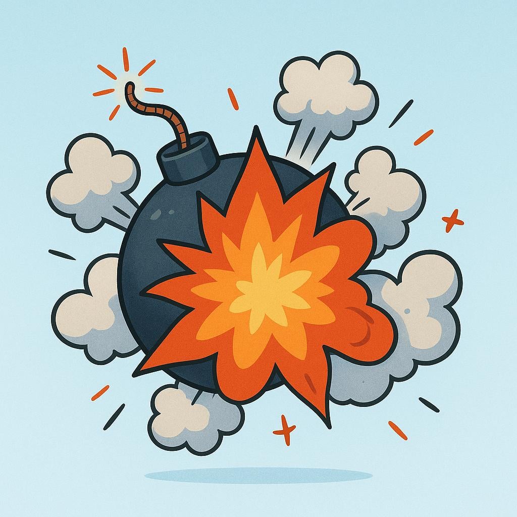 A small, round, black bomb with a lit fuse is exploding, releasing bright orange and yellow flames and gray smoke in a stylized manner.
