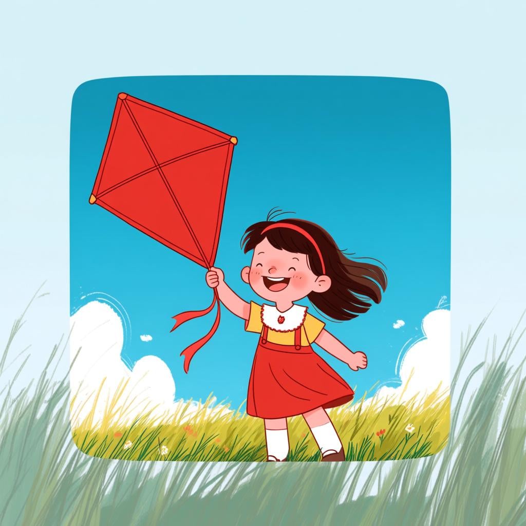 A cheerful girl standing in a grassy field, proudly holding a brand new, large red kite she just received.