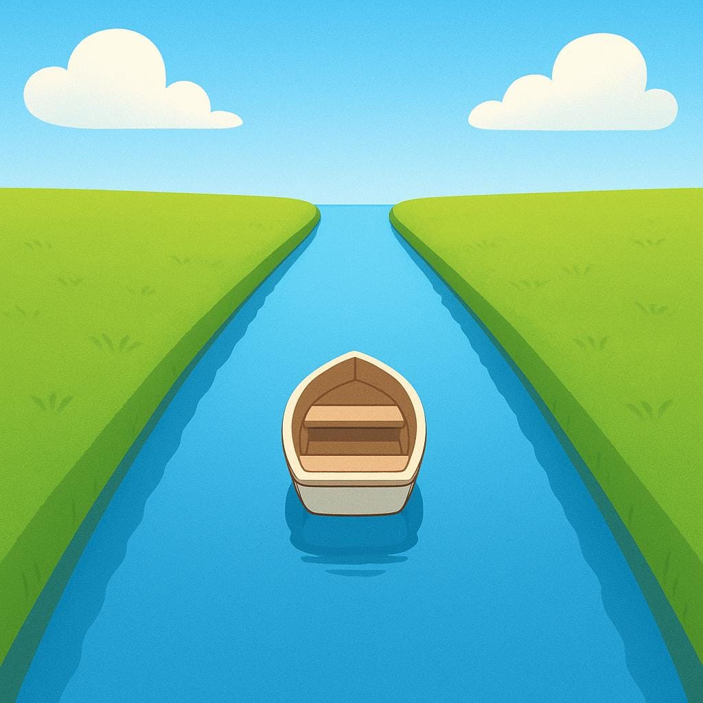 A straight, narrow artificial waterway (canal) with smooth grassy banks under a clear blue sky. A small, simple barge is floating on the water.