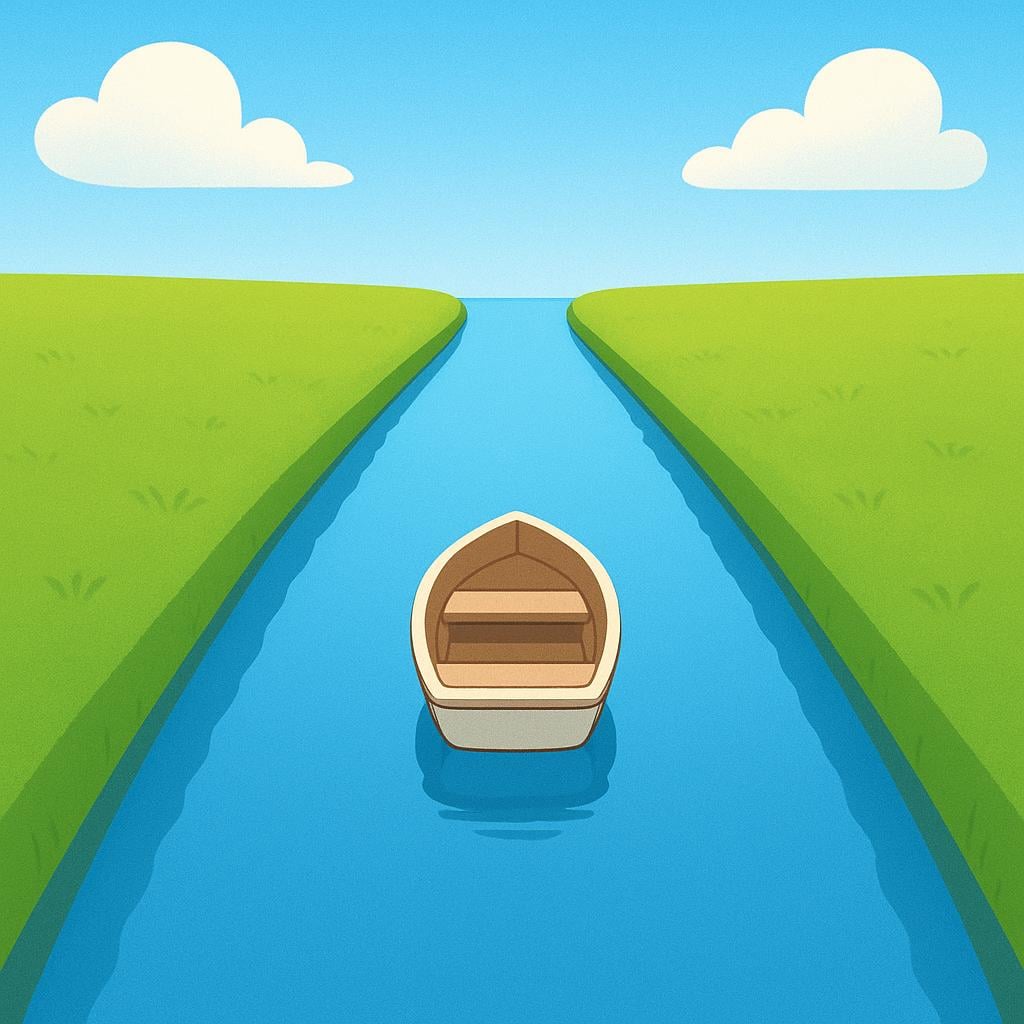 A straight, narrow artificial waterway (canal) with smooth grassy banks under a clear blue sky. A small, simple barge is floating on the water.