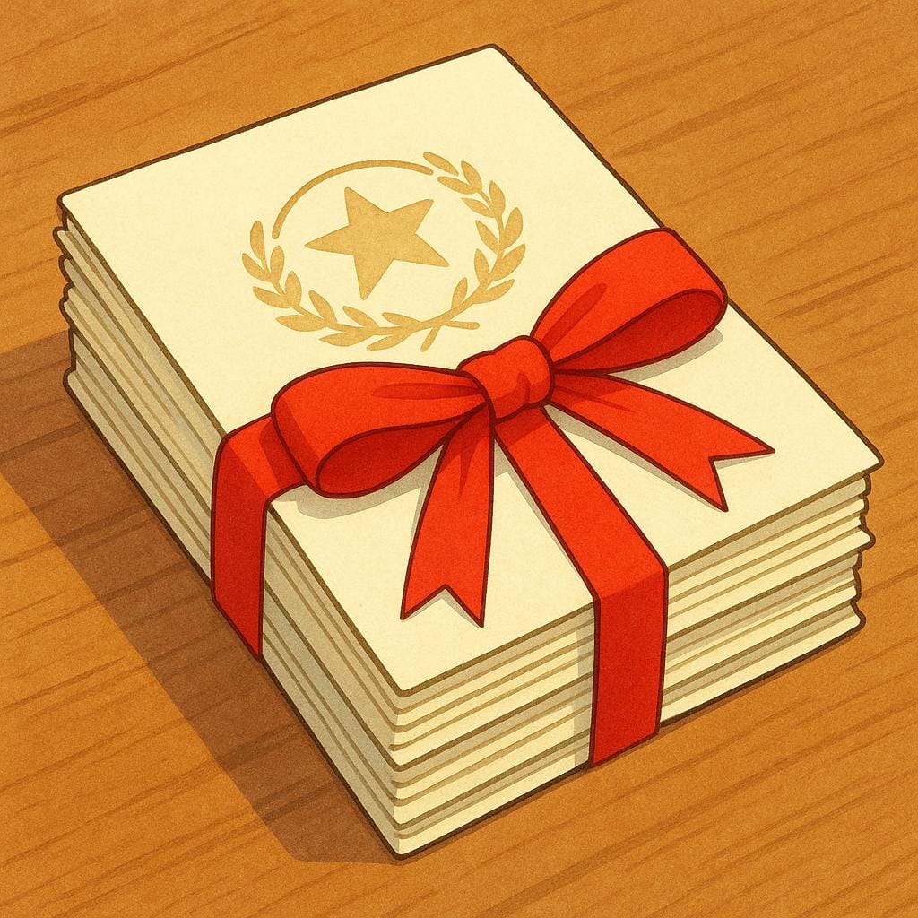 A neat stack of pale yellow official-looking documents secured with a thick red ribbon, sitting on a wooden desk.