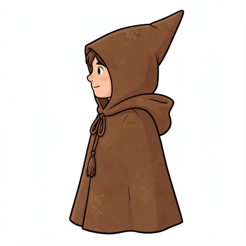 A person wearing a simple brown cloak with the hood pulled up over their head.