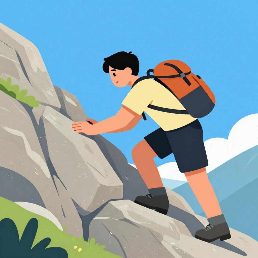 A person climbing a steep, rocky hill with effort.