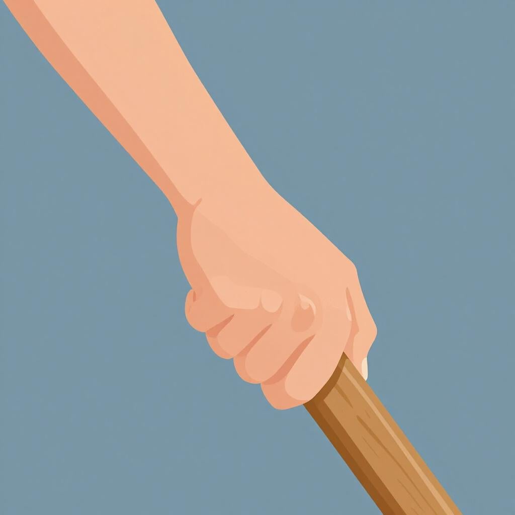 A close-up of a hand firmly gripping a wooden handle.