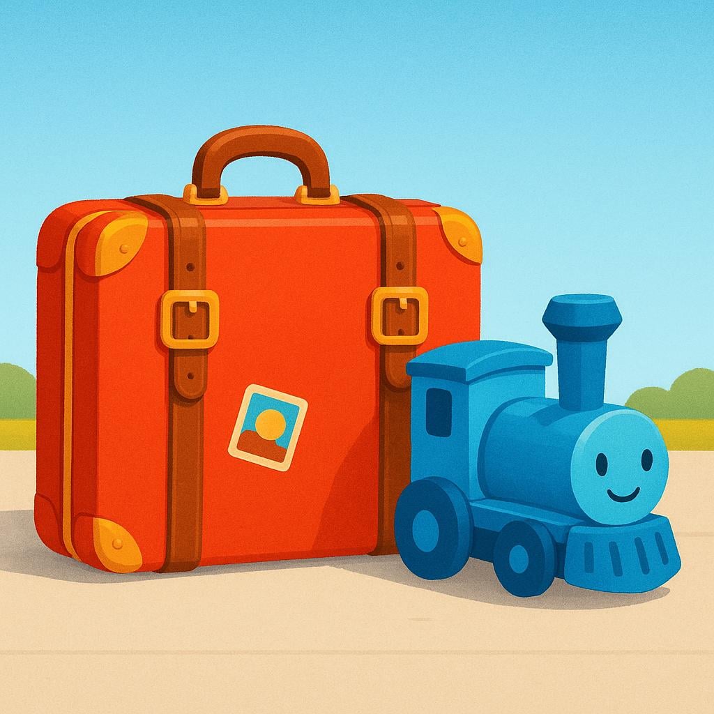 A bright red vintage suitcase stands on a sunny train platform next to a small, stylized blue train engine ready for departure.