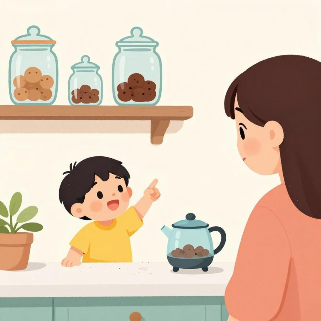 A child pointing towards a cookie jar hidden on a high shelf while looking at their parent.