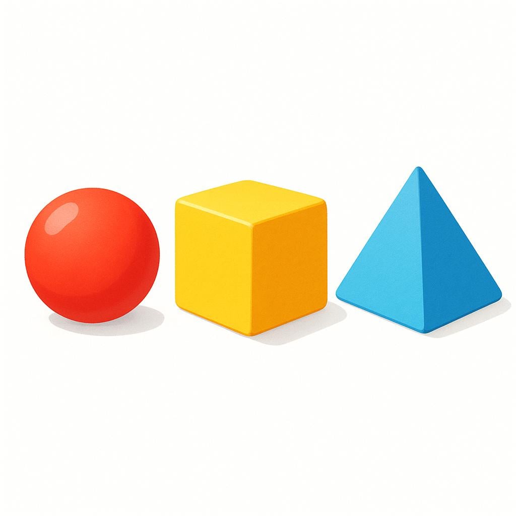 A simple illustration showing a progression of three distinct shapes: a red sphere, followed by a yellow cube, followed by a blue pyramid, arranged in a straight line on a plain background.