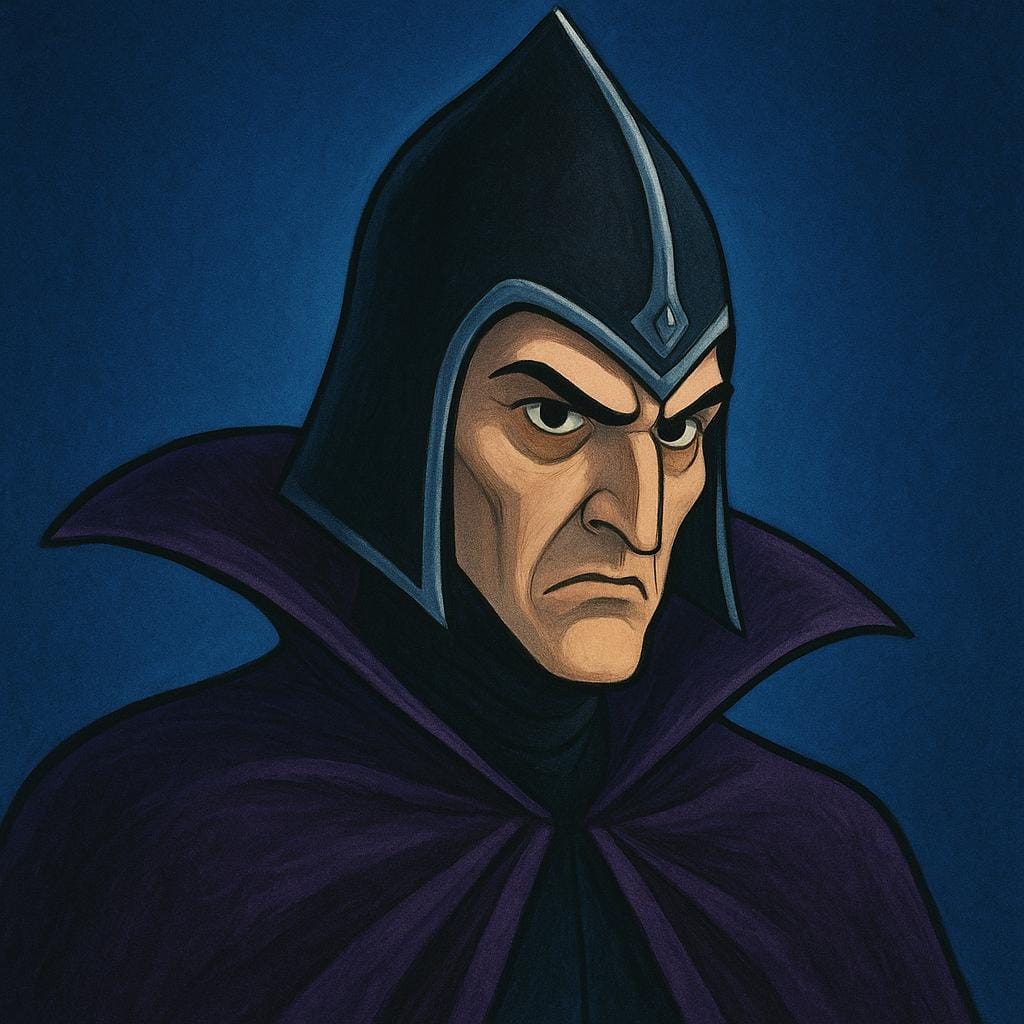 A high quality storybook illustration of a classic antagonist or villain wearing a dramatic, dark cape and a stylized, pointed helmet, standing ready for conflict.